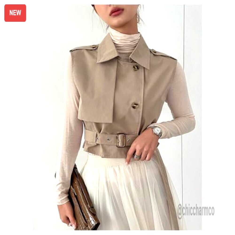 Sleeveless Cropped Trench Coat Belted Lapel Collar Vest Chic Minimal Elegant - Picture 3 of 7